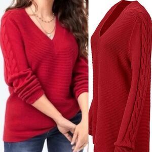 Cabi 3714 Standout Pull Over Cable Knit Red V Neck Long sweater Oversized Small